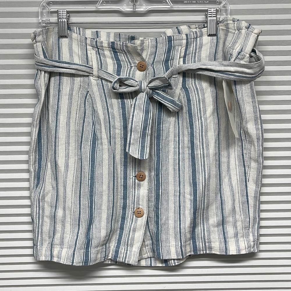 Vanilla Star NWT Blue Striped Button Front Belted Linen Blend Mini Skirt Large